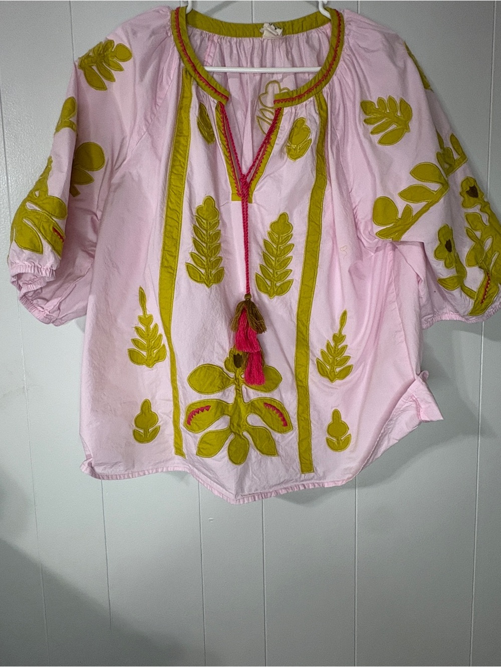 Ivy Jane Pink Embroidered Tassel Peasant Blouse Boho Top Women’s XL